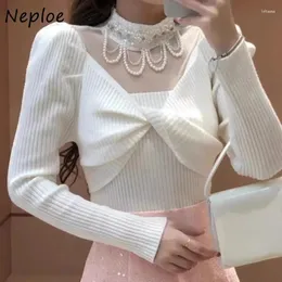 Women's Sweaters Neploe Heavy Beading Chains Halter Pullovers 2024 Autummn Bow Knitted Tops Women Slim Fit Long Sleeve Sweater Mujer