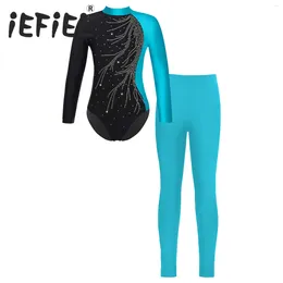 Stage Wear Kids Girls Ballet Sets Shiny Rhinestones Keyhole Back Leotard With Leggings Outfits For Dance Competition Figure Ice Skating