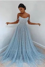 Stunning Light Sky Blue Sequined Evening Dresses Sexy Spaghetti Strap Backless Sheer Tulle Blingbling Sequins Long Formal Ocn Prom Gowns BC5842