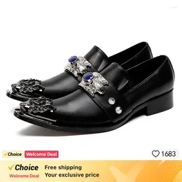 Dress Shoes Men Business Pointed Toe Sliver Metal Leather Evening Party Wedding Hairdress Sexy Shoe