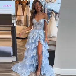 Luz azul renda em camadas longo vestido de baile com fenda querida sem mangas tule vestidos de noite espumante aline vestidos de festa formal 240227