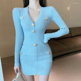 Casual Dresses 2024 Korean Fashion Long Sleeve Knitted Sweater For Women Sexy Bodycon Mini Party Dress Bottomed Robe Femme Vestidos