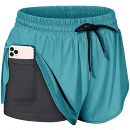 Calções femininos de secagem rápida falso 2 em 1 reflexivo correndo shorts meninas doubledeck ginásio yoga fitness jogging treino calças curtas logotipo personalizado