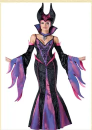 Deluxe Cosplay Purple Dress Dark Witch Outfits Adult Women039S Halloween Costume With Standup Collar och Headwear9662181