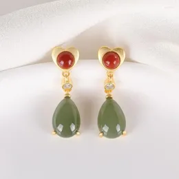Dangle Earrings Long And Simple Hetian Gray Jade Women's Sterling Silver South Red Fairy Temperamental Gold Plated