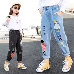 PantsKirt 2021 Fashion Cartoon Jeans For Girls Teenage Children Jeans Elastic midja denim Pants Kids Byxor för flickor Kidskläder 413T