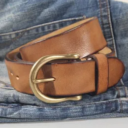 Belts Handmade Classic Retro Style Pure Copper Horseshoe No Interlayer Cowhide Men's Belt 100% Genuine Leather Jeans Soft Belt