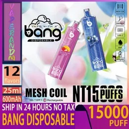 vape 15000 Original Bang disposable NT 15000 Puff Disposable E Cigarettes 0.8ohm Mesh Coil 25ml Pod 600mAHh Battery Rechargeable Puff 15K 0% 2% 3% 5% Vape Pen Kit