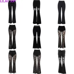 Y2K Готические черные кружевные сетчатые расклешенные брюки, сексуальные прозрачные длинные брюки в стиле Харадзюку, винтажные женские летние брюки, уличная одежда 240223