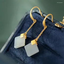 Dangle Earrings Retro Style Hetian Jade Geometric Sterling Silver Gold Plated White Square Long Fashable