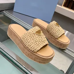 New Women Designer Slide Crochet Wedges Slides Black Woven Platform High Quality Sandal Straw Slipper Summer Two Straps Flat Comfort Mul 8951