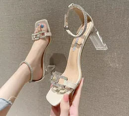 High Woman Summer Night Evening Rhinestone Comfort Party Dress Crystal Chunky Heel Rouslow Mouth Square Sandals Dress Sapatos 788