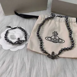 Designer Neckalce Viviannes Westwoods New Original Black Pearl Saturn Necklace Bracelet Set Live Broadcast Hot Sale