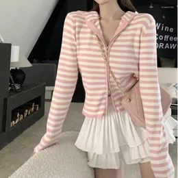 Women's Knits Pink Striped Vintage Y2k Aesthetic Women Cardigan Japanese Knitted Sweater Crop Coat Female Hooded Double Zipper Kardigany