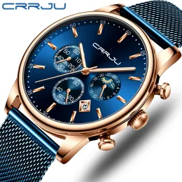 Watches Relogio Masculino Crrju Quartz Watch for Men Blue Dial Watches Sport Watches Chronograph Clock Mesh Belt Wrist Watch