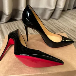 Red High Heels Designer Women Dress Shoes Red Shiny Bottoms عارية براءة اختراع سوداء من الجلد 8 سم 10 سم 12 سم مضخات الصيف الفاخرة مع حقيبة الغبار 34-44