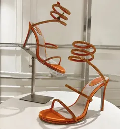 Yeni Rene Caovilla Cleo Rhinestone Snake Strass Stiletto Sandalet 95mm Akşam Ayakkabıları Kadınların Yüksek Topuklu Ayak Bileği Sarma Tasarımcı Ayakkabı Kutusu Boyutu 35-43