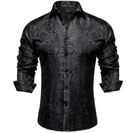 Mens Long Sleeve Black Paisley Silk Dress Shirts Casual Tuxedo Social Shirt Luxury Designer Men kläder 240227