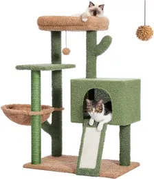 PAWZ Road 41 Inches Cactus Cat Tower with Sisal Covered Scratching Post and Cozy Condo for Indoor Cats, Cat Climbing Stand with Plush Perch Soft Hammock