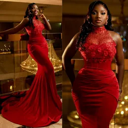 ASO EBI Plus Size SURES SURES Evening Suknie Czerwona Syrenka Velvet High Secion Formalne sukienki do afrykańskiej Nigeria Black Women Birthday Gowns Suknia zaręczynowa AM426