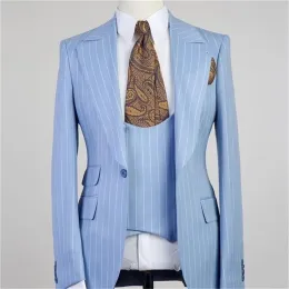 Suits New Arrival Suits For Men Stripe Baby Blue Single Breasted Notched Lapel Blazer Terno Masculino Jacket Pants Vest Three Piece