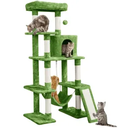 Arranhadores estofados de 5 níveis 63 "árvore para gatos com postes para arranhar rede, verde, suprimentos para gatos, estrutura de escalada para gatos, brinquedos para gatos