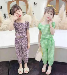 Jargazol Summer Girls Ruffle Outfits Flower Plaid Children Kläder mode toppbyxor söt koreanska lilla flicka kläder set 2108045095492