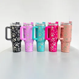 Vakum Yalıtımlı Çift Duvarlı Paslanmaz Çelik 40 Oz Tam Sarılı Lazer Gravili Hayvan Köpek Kedi Pençe Baskı Paslanmaz Çelik Tumbler Sap ve Pipetli