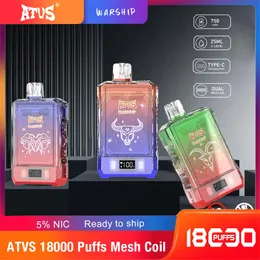 UE USA Warehouse Original 18000 Puffs Do jednorazowe Vape ATVS 18K Elektroniczny papierosowy papieros do ładowania przepływu powietrza Regulowane 25 ml 16 urządzenie Flaovrs