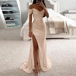 Casual Dresses Women's Sexy Strapless Sequins Evening Prom Dress Chic Off Shoulder High Slits Sparkling Party Maxi Female Bridemaid