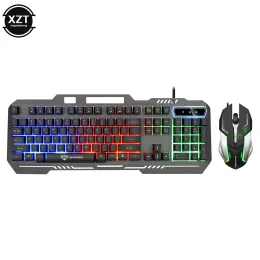 Tangentbordsmetall Lysande datortangentbord och musdräkt USB -trådbunden spel Färgglad bakgrundsbelysning Mekanisk känsla Keyboard och mus