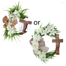 Decorative Flowers P82D Easter For Cross Wreath With Bow Rattan Ring Hanging Ornament Home Front Door Wall Garden Decoration Art Gift
