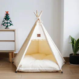 Houses Pet Cat Tent Dog House Bed with Thick Cushion for Cats Dogs Deep Sleeping Indoor Canvas Soft Indian Puppy Teepee Pet Supplies