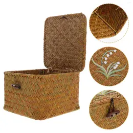 Dinnerware Sets Hand Woven Basket With Lid Desktop Storage Bin Wedding Candy Box Conatiner
