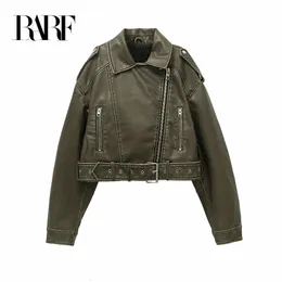 RARF style Womens washed leather jacket with belt short coat with downgraded zipper and vintage lapel jacket 240222