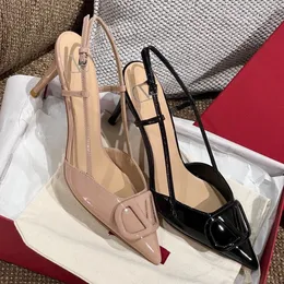 Women Designer Sandals High Heels Pointed Shoes Genuine Leather Luxury Brand Summer Nude Black Matte Stiletto Heels Sandal with Red Dust Bag Size 34-44