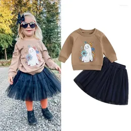 Set di abbigliamento FOCUSNORM 0-4Y Halloween Bambini Vestiti per ragazze Manica lunga Felpa con stampa floreale fantasma e gonna in tulle di pizzo