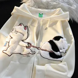 Kvinnors hoodies lata stil tecknad katt par outfit tröja för kvinnor på höst och vinter dopamin grädde girly hooded cardigan jacka