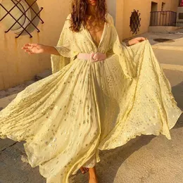 Spring Sexy Deep V Neck Holiday Beach Dress Women Bronzing Star Print Long Party Dress Summer Short Sleeve Loose Boho Maxi Dress 240229