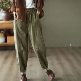 Capris Vintage Corduroy Harem Pants Women high WAIST新しい秋のファッションストリートウェア汎用性のある柔らかい女性の固体色