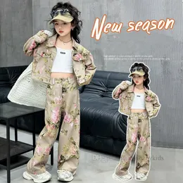 Big Girls floral printed denim clothes sets old kids lapel long sleeve jacket loose pants 2pcs 2024 spring teenagers casual outfits Z6905