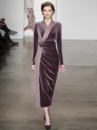 Katwalk Designer Seksowna wiosenna wiosna kobiet Wysokiej jakości impreza aksamitna czarna mesh elastyczność Slim Vintage nocna sukienka