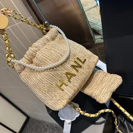 Luxury Designer Weave Raffia Mini 22 Shopping Bags With Pearls Gold Metal Hardware Matelasse Chain Pockage Coin Charm Little Pouch Beige Handbags 20CM/30CM