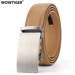 أحزمة Wowtiger 35mm حزام جلد البقر البني الفاتح للرجال عالي الجودة من الذكور العلامة التجارية Ratchet الأوتوماتيكية Cinturones Hombre