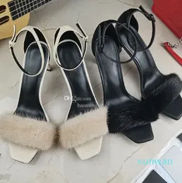 newest Designer Mink hair High heeled sandals Luxury Genuine Leather womens Fashion Top Quality heel shoes 8.5 cm Heels women sandal slipper Size 34-42 with box