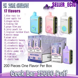 Orijinal geek bar 15000 puf tek kullanımlık vape kalem örgü bobin 16ml önceden doldurulmuş bölme 650mAh şarj edilebilir pil e sigara 17 lezzetler hızlı teslimat 5% 15k puflar vape kalem