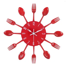 Clocks Accessories Home Decorations Noiseless Stainless Steel Cutlery Knife And Fork Spoon Wall Clock Kitchen Restaurant Decor Red