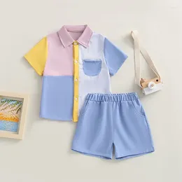 Комплекты одежды для детей от 3 до 7 лет, летняя одежда для мальчиков, контрастные цвета, рубашки с отложным воротником и короткими рукавами, топы, однотонные шорты, 2 шт., детские