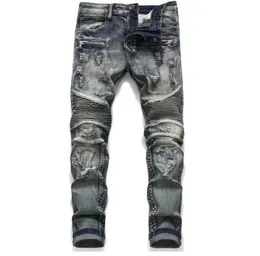 Mens clássico motociclista jeans masculino fino reto joelho drape painel moto biker jeans destruído rasgado estiramento hip hop calças 18064481979