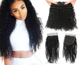 Malezya Kinky Kıvırcık 34 Paket 4x4 Dantel Kapatma Brezilyalı Afro Kinky Virgin Saç Kapanışla İşlenmemiş İnsan Saçı2376030